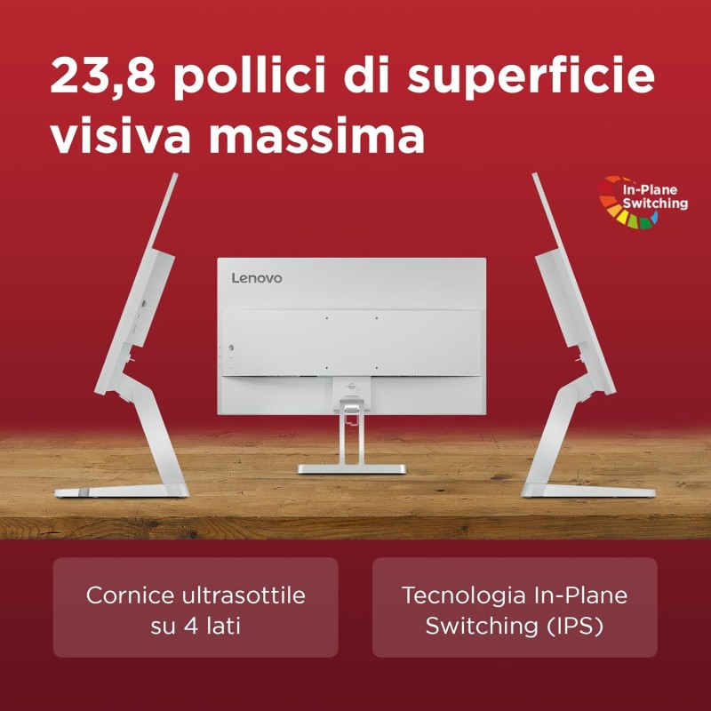 Lenovo L24i-4A Monitor 23.8" FHD (1920x1080), IPS, 1ms, 100Hz, Altoparlanti integrati, Low Blue Light, Bordi Ultrasottili, Regolabile, HDMI e VGA - 24 pollici