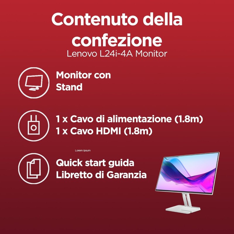 Lenovo L24i-4A Monitor 23.8" FHD (1920x1080), IPS, 1ms, 100Hz, Altoparlanti integrati, Low Blue Light, Bordi Ultrasottili, Regolabile, HDMI e VGA - 24 pollici