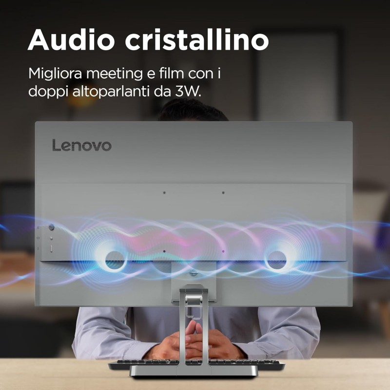 Lenovo L24i-4A Monitor 23.8" FHD (1920x1080), IPS, 1ms, 100Hz, Altoparlanti integrati, Low Blue Light, Bordi Ultrasottili, Regolabile, HDMI e VGA - 24 pollici