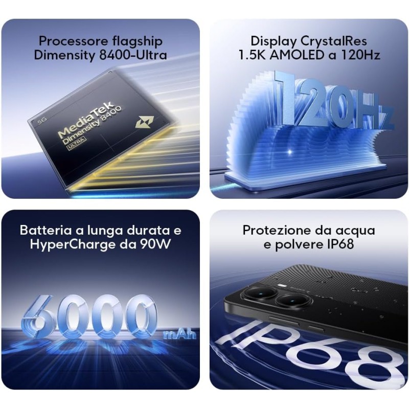 Xiaomi POCO X7 Pro (smartphone), 12+512GB, 50MP camera principale con OIS, batteria da 6.000mAh (typ) con ricarica HyperCharge da 90W, IP68, funzioni AI (caricabatterie non incluso), Nero - 12+512GB Nero Xiaomi POCO X7 Pro (smartphone), 12+512GB, 50MP camera principale con OIS, batteria da 6.000mAh (typ) con ricarica HyperCharge da 90W, IP68, funzioni AI (caricabatterie non incluso), Nero - 12+512GB Nero