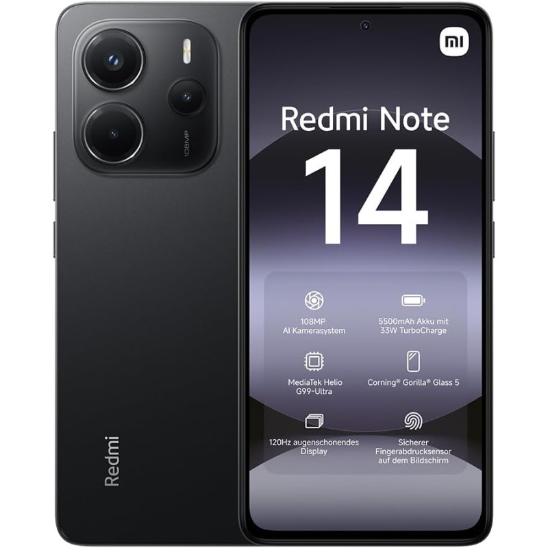 XIAOMI Smartphone Redmi Note 14, 6+128GB, Sistema fotografico con AI da 108MP, batteria da 5500mAh, display Eye-Care da 120Hz, funzionalità AI (caricabatterie non incluso), Nero - 6+128GB black