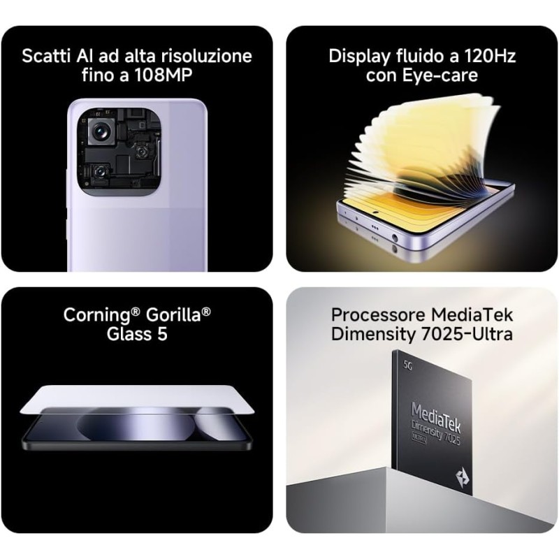 XIAOMI Smartphone Redmi Note 14 5G, 6+128G, Sistema fotografico AI da 108MP, batteria da 5110mAh, display con tecnologia Eye-Care da 120Hz, funzionalità AI (caricabatterie non incluso), Viola - 6+128GB purple XIAOMI Smartphone Redmi Note 14 5G, 6+128G, Sistema fotografico AI da 108MP, batteria da 5110mAh, display con tecnologia Eye-Care da 120Hz, funzionalità AI (caricabatterie non incluso), Viola - 6+128GB purple