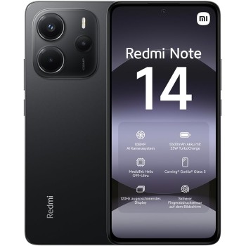 XIAOMI Smartphone Redmi Note 14, 8+128GB, Sistema fotografico con AI da 108MP, batteria da 5500mAh, display Eye-Care da 120Hz, funzionalità AI (caricabatterie non incluso), Nero - 8+128GB black