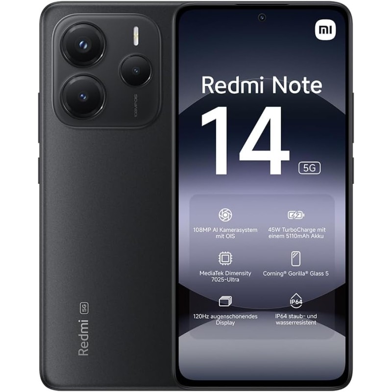 Smartphone Xiaomi Redmi Note 14 5G, 8+256GB, Sistema fotografico AI da 108MP, batteria da 5110mAh, display con tecnologia Eye-Care da 120Hz, funzionalità AI (caricabatterie non incluso), Nero - 8+256GB black Smartphone Xiaomi Redmi Note 14 5G, 8+256GB, Sistema fotografico AI da 108MP, batteria da 5110mAh, display con tecnologia Eye-Care da 120Hz, funzionalità AI (caricabatterie non incluso), Nero - 8+256GB black