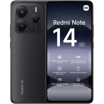 Smartphone Xiaomi Redmi Note 14 5G, 8+256GB, Sistema fotografico AI da 108MP, batteria da 5110mAh, display con tecnologia Eye-Care da 120Hz, funzionalità AI (caricabatterie non incluso), Nero - 8+256GB black