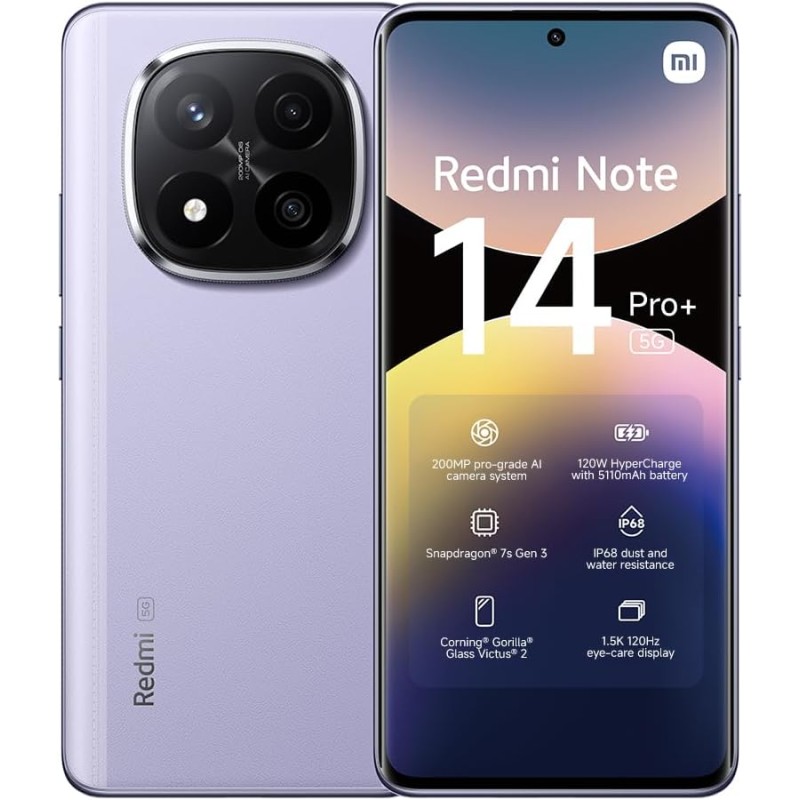 XIAOMI Smartphone Redmi Note 14 Pro+ 5G, 12+512GB, fotocamera AI di livello professionale da 200MP, IP68, HyperCharge da 120W, funzionalità AI (caricabatterie non incluso), Viola - 12+512GB purple XIAOMI Smartphone Redmi Note 14 Pro+ 5G, 12+512GB, fotocamera AI di livello professionale da 200MP, IP68, HyperCharge da 120W, funzionalità AI (caricabatterie non incluso), Viola - 12+512GB purple