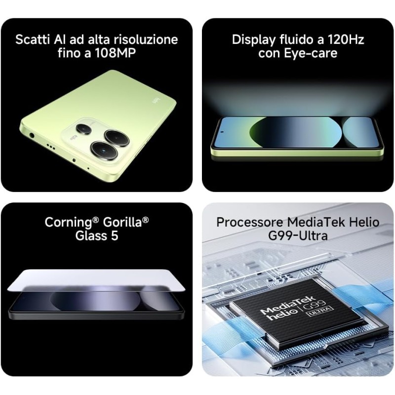 XIAOMI Smartphone Redmi Note 14, 8+256GB, Sistema fotografico con AI da 108MP, batteria da 5500mAh, display Eye-Care da 120Hz, funzionalità AI (caricabatterie non incluso),Verde - 8+256GB green