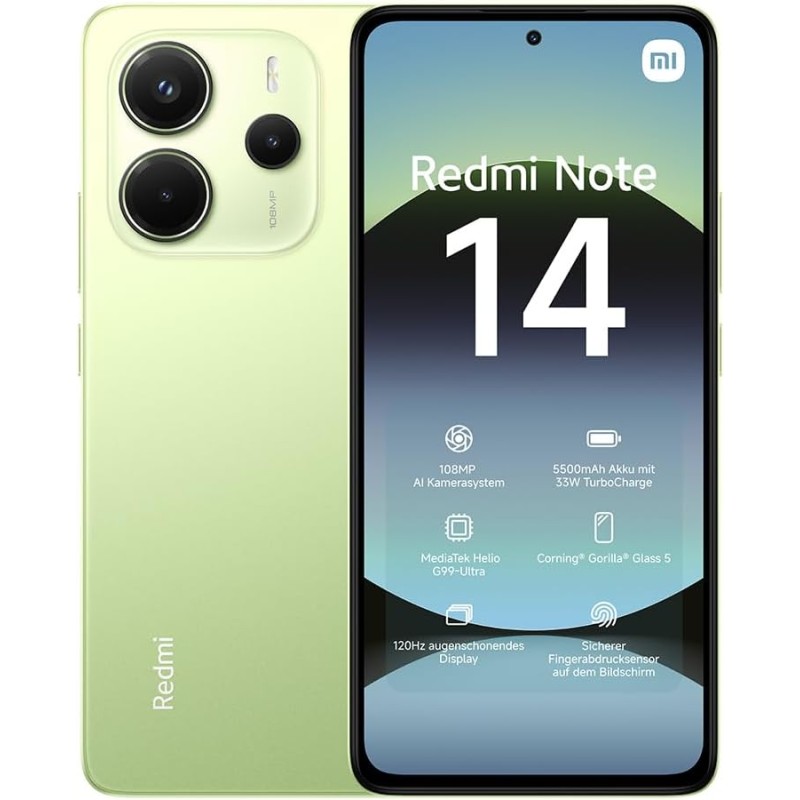 Smartphone Xiaomi Redmi Note 14, 6+128GB, Sistema fotografico con AI da 108MP, batteria da 5500mAh, display Eye-Care da 120Hz, funzionalità AI (caricabatterie non incluso), Verde - 6+128GB green Smartphone Xiaomi Redmi Note 14, 6+128GB, Sistema fotografico con AI da 108MP, batteria da 5500mAh, display Eye-Care da 120Hz, funzionalità AI (caricabatterie non incluso), Verde - 6+128GB green