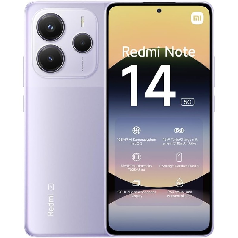Smartphone Xiaomi Redmi Note 14 5G, 8+256GB, Sistema fotografico AI da 108MP, batteria da 5110mAh, display con tecnologia Eye-Care da 120Hz, funzionalità AI (caricabatterie non incluso),Viola - 8+256GB purple Smartphone Xiaomi Redmi Note 14 5G, 8+256GB, Sistema fotografico AI da 108MP, batteria da 5110mAh, display con tecnologia Eye-Care da 120Hz, funzionalità AI (caricabatterie non incluso),Viola - 8+256GB purple