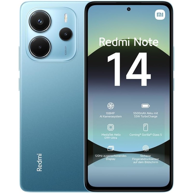XIAOMI Smartphone Redmi Note 14, 8+128GB, Sistema fotografico con AI da 108MP, batteria da 5500mAh, display Eye-Care da 120Hz, funzionalità AI (caricabatterie non incluso), Blu - 8+128GB blue XIAOMI Smartphone Redmi Note 14, 8+128GB, Sistema fotografico con AI da 108MP, batteria da 5500mAh, display Eye-Care da 120Hz, funzionalità AI (caricabatterie non incluso), Blu - 8+128GB blue