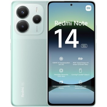 Smartphone Xiaomi Redmi Note 14 5G, 8+256GB, Sistema fotografico AI da 108MP, batteria da 5110mAh, display con tecnologia Eye-Care da 120Hz, funzionalità AI (caricabatterie non incluso), Verde - 8+256GB green