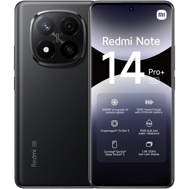 XIAOMI Smartphone Redmi Note 14 Pro+ 5G, 8+256GB, fotocamera AI di livello professionale da 200MP, IP68, HyperCharge da 120W, funzionalità AI (caricabatterie non incluso), Nero - 8+256GB black