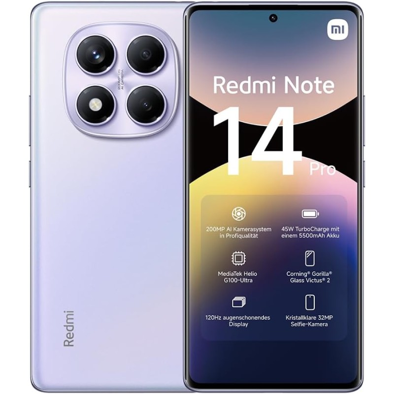 XIAOMI Smartphone Redmi Note 14 Pro, 8+256GB, fotocamera AI di livello professionale da 200MP, batteria da 5500mAh, fotocamera selfie da 32MP, funzionalità AI (caricabatterie non incluso), Viola - 8+256GB purple XIAOMI Smartphone Redmi Note 14 Pro, 8+256GB, fotocamera AI di livello professionale da 200MP, batteria da 5500mAh, fotocamera selfie da 32MP, funzionalità AI (caricabatterie non incluso), Viola - 8+256GB purple