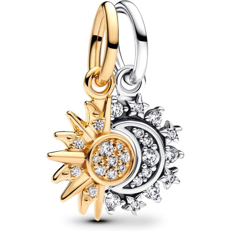 PANDORA Moments 763585C01 - Ciondolo a forma di sole e luna, in argento sterling con lega di metallo placcato oro e zirconi, compatibile con bracciali ME, Klar, Argento sterling, Zirconia cubica
