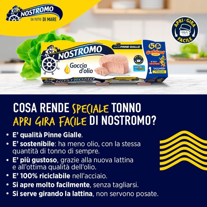 Nostromo - Tonno all'olio di oliva Goccia d'olio Apri Gira Facile, 3 lattine da 65gr. Facile da servire, pronto da gustare. - 65 g (Confezione da 3)