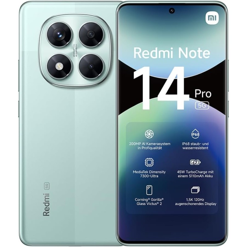 Smartphone Xiaomi Redmi Note 14 Pro 5G, 8+256GB, fotocamera AI da 200MP, IP68, ricarica turbo da 45W con batteria da 5110mAh, funzionalità AI (caricabatterie non incluso), Verde - 8+256GB Green Smartphone Xiaomi Redmi Note 14 Pro 5G, 8+256GB, fotocamera AI da 200MP, IP68, ricarica turbo da 45W con batteria da 5110mAh, funzionalità AI (caricabatterie non incluso), Verde - 8+256GB Green