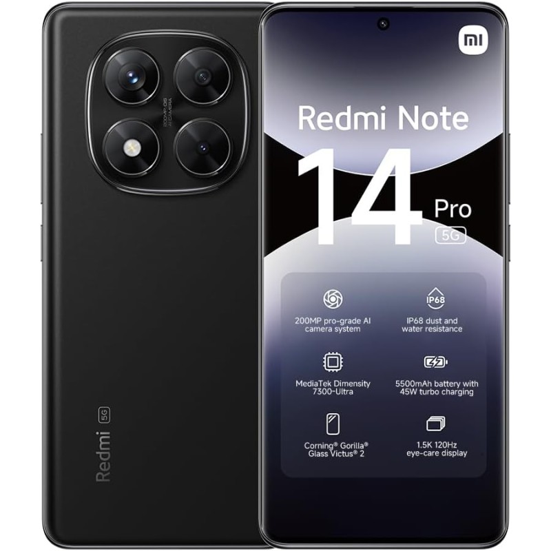 XIAOMI Smartphone Redmi Note 14 Pro 5G, 8+256GB, fotocamera AI da 200MP, IP68, ricarica turbo da 45W con batteria da 5110mAh, funzionalità AI (caricabatterie non incluso), Nero - 8+256GB black XIAOMI Smartphone Redmi Note 14 Pro 5G, 8+256GB, fotocamera AI da 200MP, IP68, ricarica turbo da 45W con batteria da 5110mAh, funzionalità AI (caricabatterie non incluso), Nero - 8+256GB black