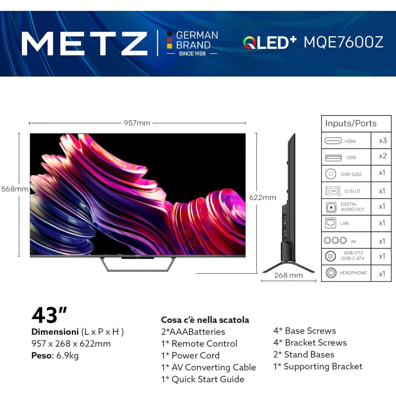 Metz Smart TV, MQE7600Z, 43", QLED, 4K, UHD, HDR 10+, Google TV, Matte Screen, Eye Care, Flicker-Free, Auto Ambient Light Sensor, HDMI, USB, Grigio Soundbar Bluetooth, MSE3001Z Metz Smart TV, MQE7600Z, 43", QLED, 4K, UHD, HDR 10+, Google TV, Matte Screen, Eye Care, Flicker-Free, Auto Ambient Light Sensor, HDMI, USB, Grigio Soundbar Bluetooth, MSE3001Z