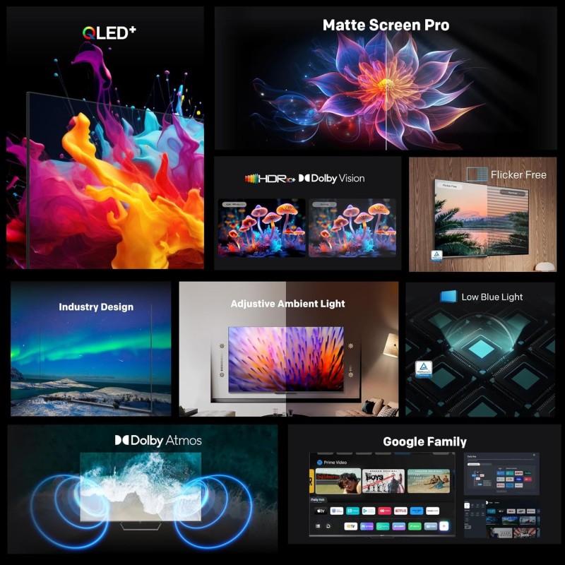 Metz Smart TV, MQE7600Z, 43", QLED, 4K, UHD, HDR 10+, Google TV, Matte Screen, Eye Care, Flicker-Free, Auto Ambient Light Sensor, HDMI, USB, Grigio Soundbar Bluetooth, MSE3001Z Metz Smart TV, MQE7600Z, 43", QLED, 4K, UHD, HDR 10+, Google TV, Matte Screen, Eye Care, Flicker-Free, Auto Ambient Light Sensor, HDMI, USB, Grigio Soundbar Bluetooth, MSE3001Z