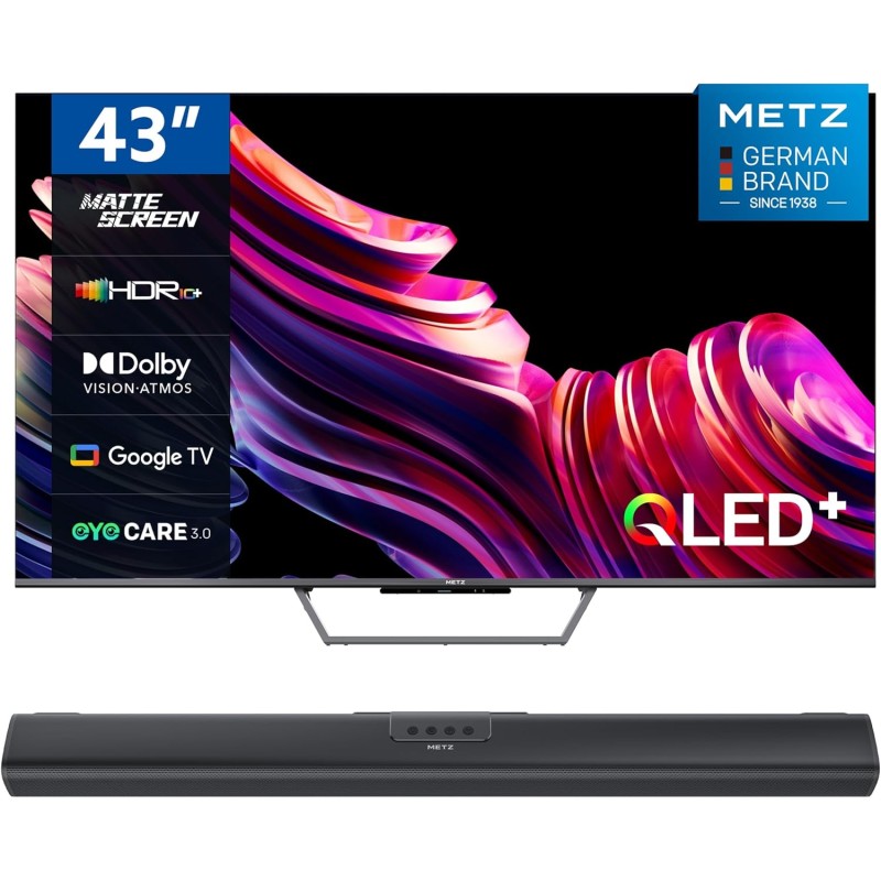 Metz Smart TV, MQE7600Z, 43", QLED, 4K, UHD, HDR 10+, Google TV, Matte Screen, Eye Care, Flicker-Free, Auto Ambient Light Sensor, HDMI, USB, Grigio Soundbar Bluetooth, MSE3001Z Metz Smart TV, MQE7600Z, 43", QLED, 4K, UHD, HDR 10+, Google TV, Matte Screen, Eye Care, Flicker-Free, Auto Ambient Light Sensor, HDMI, USB, Grigio Soundbar Bluetooth, MSE3001Z