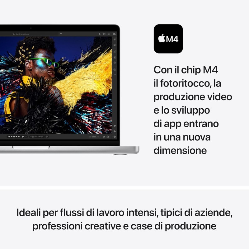Apple 2024 MacBook Pro Portatile con chip M4, CPU 10 core e GPU 10 core: display Liquid Retina XDR 14,2", 24GB di memoria unificata, 1TB di archiviazione SSD; color Argento - 24GB Memoria unificata Argento Apple 2024 MacBook Pro Portatile con chip M4, CPU 10 core e GPU 10 core: display Liquid Retina XDR 14,2", 24GB di memoria unificata, 1TB di archiviazione SSD; color Argento - 24GB Memoria unificata Argento