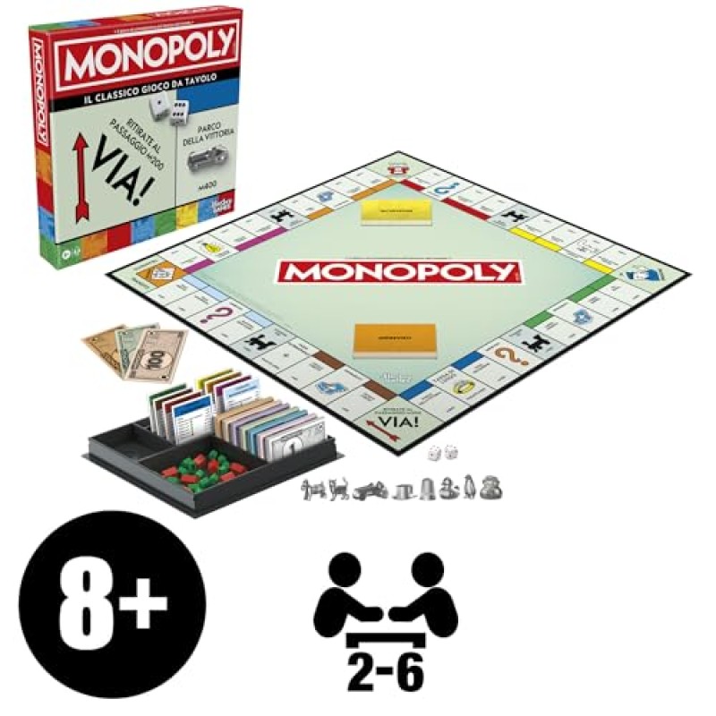 Hasbro Gaming, Monopoly, Gioco da Tavolo, Ideale per Famiglia e Amici, per Bambini e Bambine da 8 Anni in Su, Include Vaschetta Contenitore e Pedine Più Grandi, per 2-6 Giocatori, in Italiano