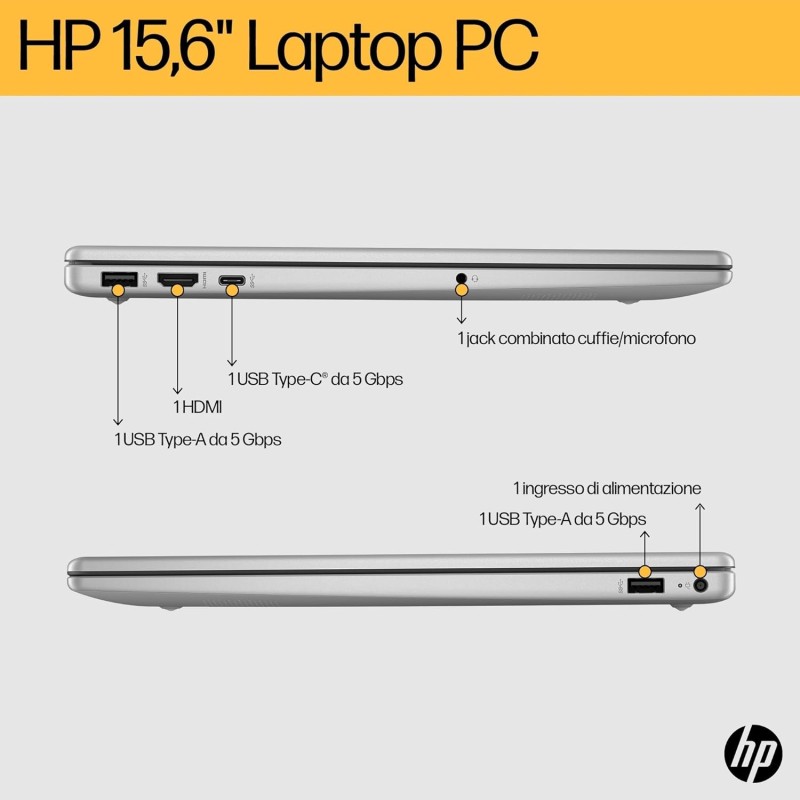 HP Laptop 15-fc0010sl, AMD Ryzen 5-7520U, RAM 8GB LPDDR5, SSD 512GB, AMD Radeon, Display 15.6” FHD SVA 250 Nits, Antiriflesso, Wi-Fi, 720p TNR Privacy Cam, Windows 11, Argento, Non convertibile - Argento