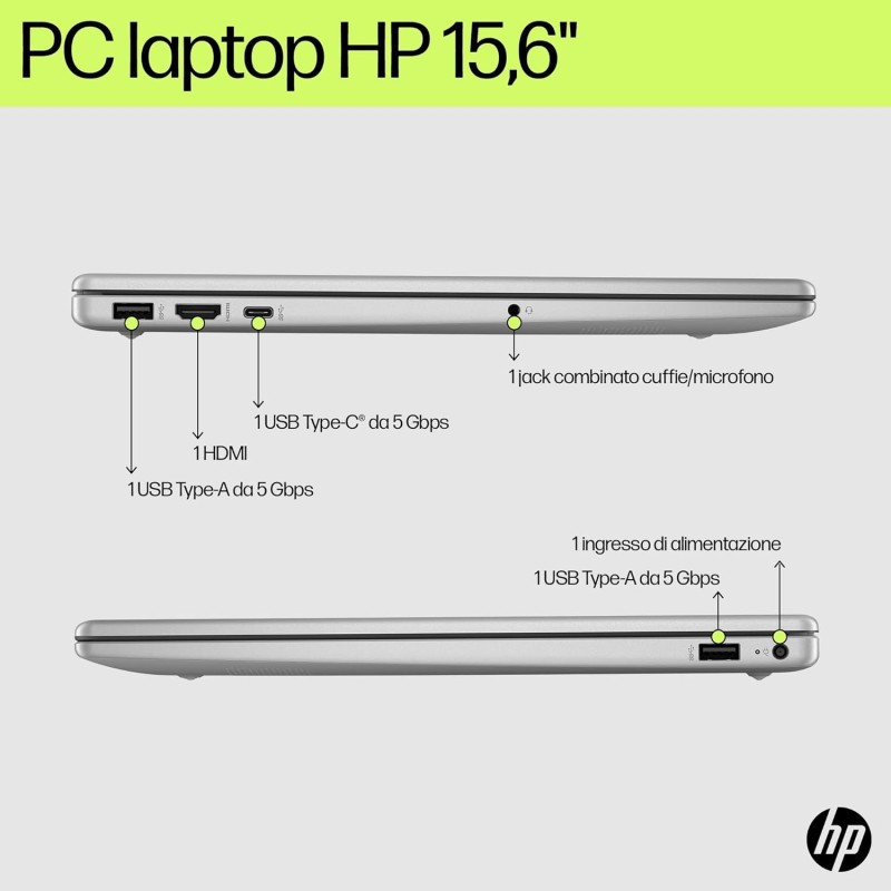 HP Laptop 15-fd0006sl, Intel Core i7-1255U, RAM 16GB DDR4, SSD 512GB, Intel Iris Xe, Display 15.6” FHD SVA 250 Nits, Antiriflesso, Wi-Fi, 720p TNR Privacy Cam, Windows 11, Argento - Argento