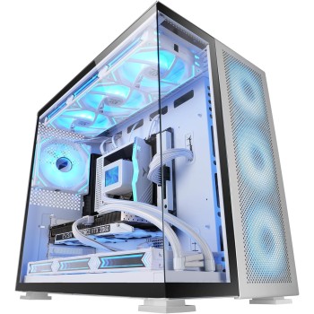 MARSGAMING MC-NOVA2, Case Gaming Custom XXL E-ATX, Doppio Vetro Temperato Continuo Senza Telaio, Supporto Raffreddamento a Liquido, Alluminio Aerospaziale 2mm, Torre PC a Doppia Camera, USB-C, Bianco