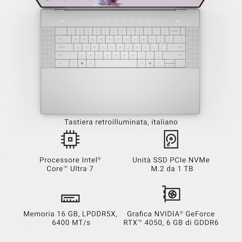 Dell XPS 16 (9640) Laptop Copilot+ 16,3'' FHD+ 120 Hz, Intel Core Ultra 7 155H, 16 GB RAM, 1 TB SSD, Nvidia GeForce RTX 4050, Windows 11 Pro, Tastiera retroilluminata QWERTY - Platino