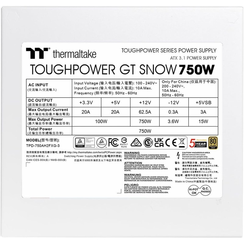Thermaltake Toughpower GT 750W | ATX 3.1 | PCIe 5.1 | 80+ GOLD | Modular | Snow - Snow