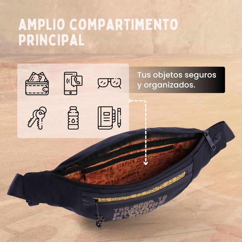 ROUTE 66 - Marsupio uomo - Marsupio uomo nero per ogni occasione, dispone di 3 scomparti e tasca interna con cerniera, uscita cavo per cuffie - Nero