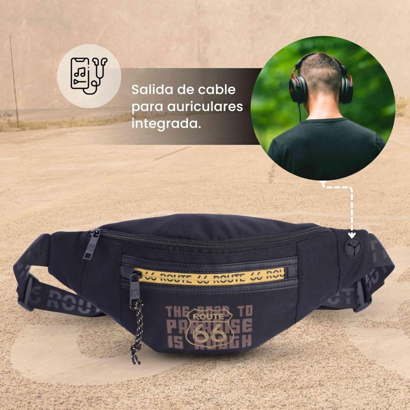 ROUTE 66 - Marsupio uomo - Marsupio uomo nero per ogni occasione, dispone di 3 scomparti e tasca interna con cerniera, uscita cavo per cuffie - Nero