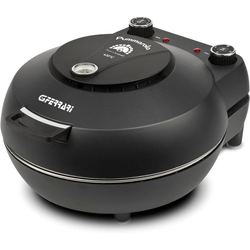 G3 Ferrari G10199 Forno Pizza "Pummarola", Fino a 420 °C, 1200W, 2 Pietre Refrattarie, Pareti fredde, Palette INOX, Ricettario incluso, Visore temperatura, Chiusura ammortizzata, Nero opaco
