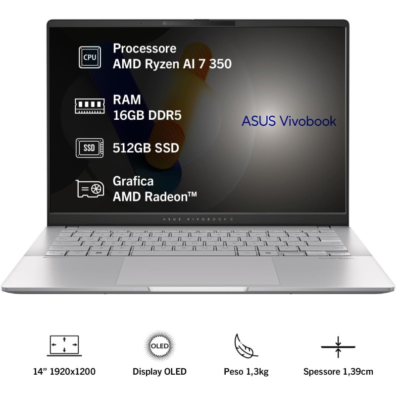 ASUS Vivobook S 14 M5406KA#B0DPG333XZ, Notebook in alluminio, Copilot+ PC, Monitor da 14" WUXGA OLED Glossy, 60Hz, AMD Ryzen AI 7 350, RAM 16GB, 512GB SSD, Windows 11 Home, Argento - RAM 16GB / 512GB SSD