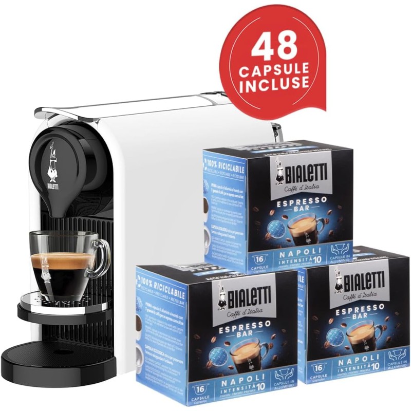 Bialetti Gioia PLUS, Macchina Caffè Espresso per Capsule in Alluminio, Incluse 48 Capsule, Funziona Esclusivamente con Capsule, Bianco - Bianco