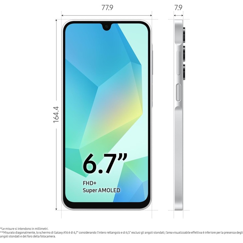 Samsung Galaxy A16, 3 anni di Garanzia del produttore, Android 14, Display Super AMOLED 6.7" FHD+, 4GB RAM, 128GB, Batteria 5.000 mAh, IP54, memoria espandibile, Gray [Versione Italiana] - Gray