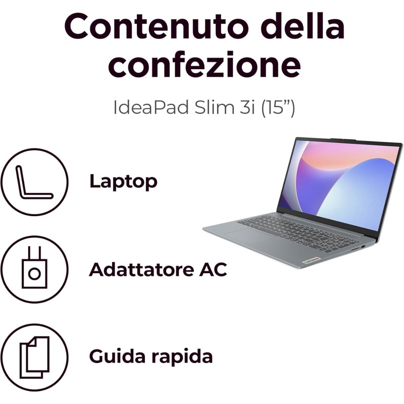 Lenovo IdeaPad Slim 3 Notebook 15,6” FHD (1920x1080), Intel Core i3-N305, RAM 8GB, 256GB SSD, Grafica Integrata, WiFi 6, Windows 11 Home - Arctic Grey - 8GB | 256GB Lenovo IdeaPad Slim 3 Notebook 15,6” FHD (1920x1080), Intel Core i3-N305, RAM 8GB, 256GB SSD, Grafica Integrata, WiFi 6, Windows 11 Home - Arctic Grey - 8GB | 256GB