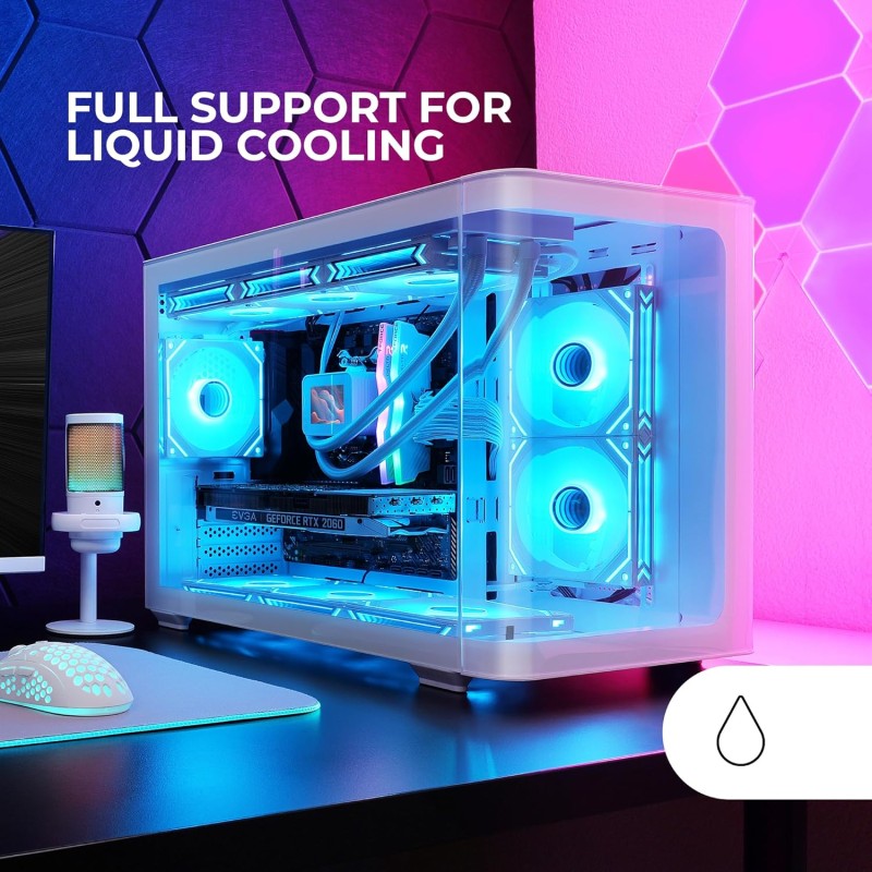 Mars Gaming MC-FUSIONM, Case Gaming Micro-ATX, Finestra Laterale e Frontale Curvo in Vetro Temperato, Minitower PC Doppia Camera, Supporto Raffreddamento a Liquido, Spazio Interno Ottimizzato, Bianco