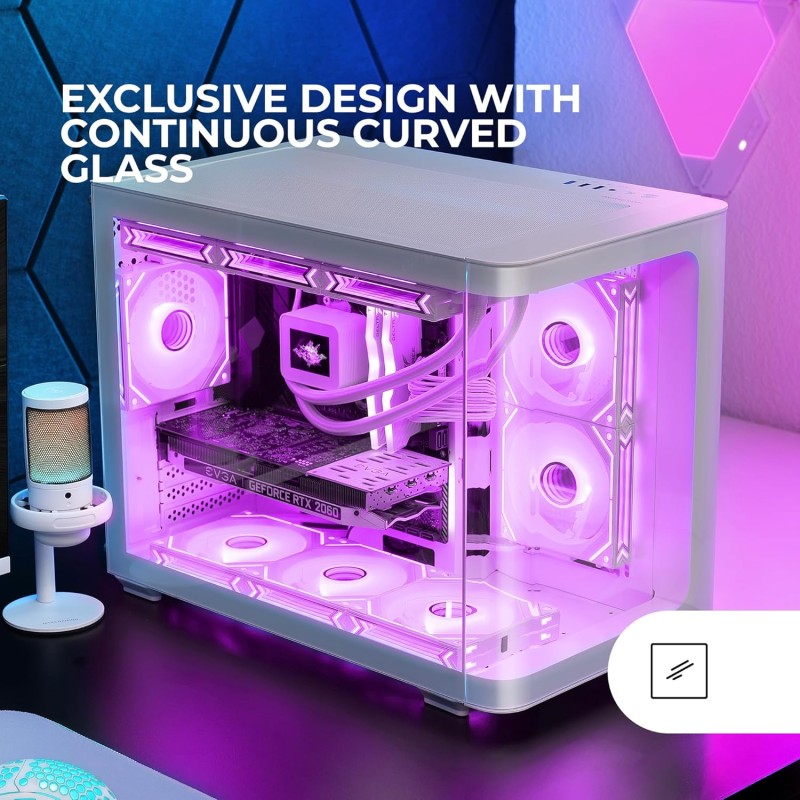Mars Gaming MC-FUSIONM, Case Gaming Micro-ATX, Finestra Laterale e Frontale Curvo in Vetro Temperato, Minitower PC Doppia Camera, Supporto Raffreddamento a Liquido, Spazio Interno Ottimizzato, Bianco