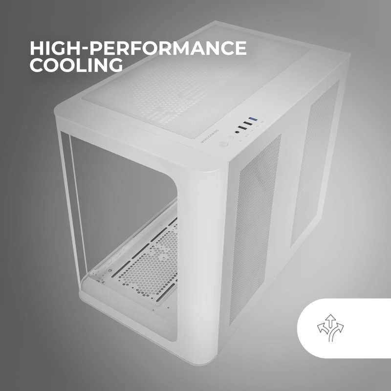 Mars Gaming MC-FUSION, Case Gaming ATX, Finestra Laterale e Frontale Curvo in Vetro Temperato Continuo, Semitower PC Doppia Camera, Supporto Raffreddamento a Liquido,Spazio Interno Ottimizzato,Bianco