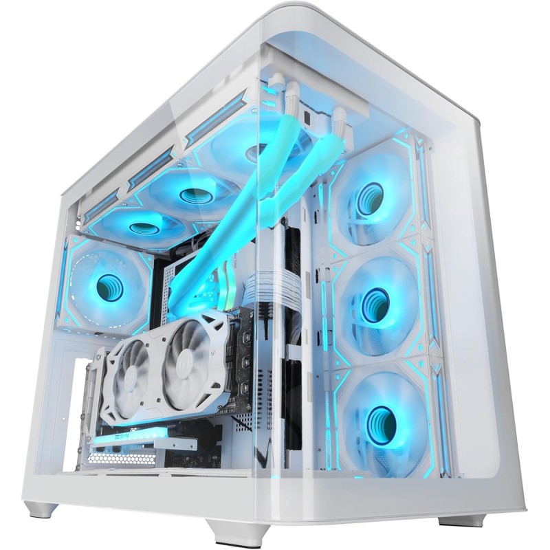 Mars Gaming MC-FUSION, Case Gaming ATX, Finestra Laterale e Frontale Curvo in Vetro Temperato Continuo, Semitower PC Doppia Camera, Supporto Raffreddamento a Liquido,Spazio Interno Ottimizzato,Bianco