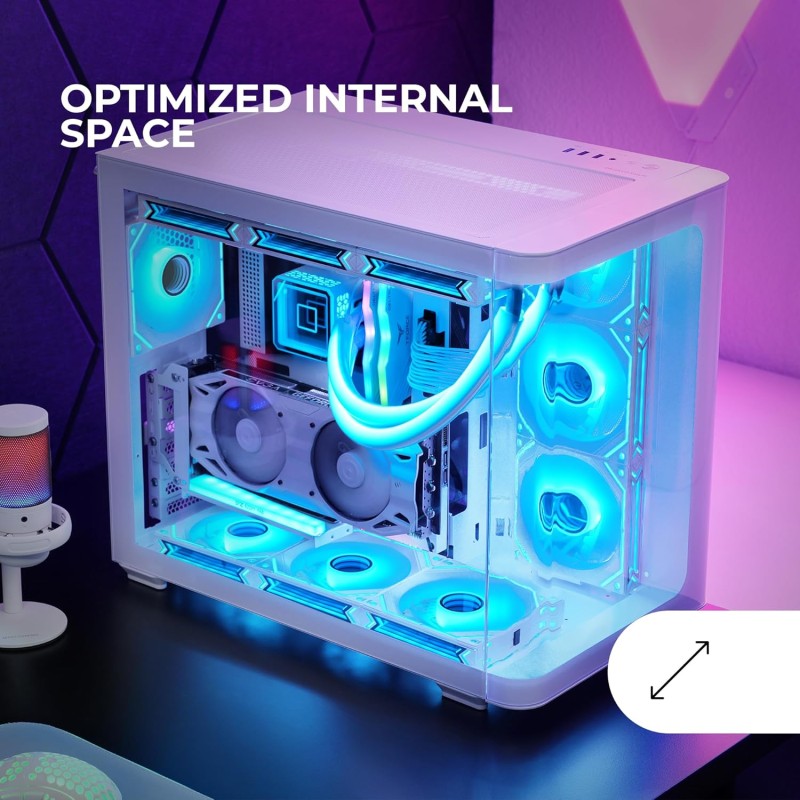 Mars Gaming MC-FUSION, Case Gaming ATX, Finestra Laterale e Frontale Curvo in Vetro Temperato Continuo, Semitower PC Doppia Camera, Supporto Raffreddamento a Liquido,Spazio Interno Ottimizzato,Bianco
