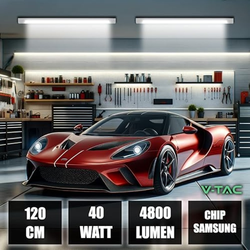 V-TAC 4x Plafoniere LED Lineari da Soffitto 120 CM - 40W - Chip Samsung - 4 Pezzi - Lampada Rettangolare 4800 Lumen IP20 per Parete, Garage, Negozio - Tubo LED Plafoniera - Luce 6400K Bianca Fredda