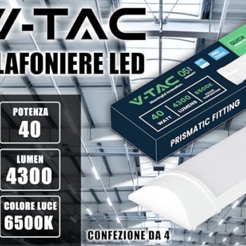 V-TAC 4x Plafoniere LED Lineari da Soffitto 120 CM - 40W - Chip Samsung - 4 Pezzi - Lampada Rettangolare 4800 Lumen IP20 per Parete, Garage, Negozio - Tubo LED Plafoniera - Luce 6400K Bianca Fredda