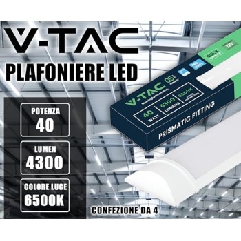 V-TAC 4x Plafoniere LED Lineari da Soffitto 120 CM - 40W - Chip Samsung - 4 Pezzi - Lampada Rettangolare 4800 Lumen IP20 per Parete, Garage, Negozio - Tubo LED Plafoniera - Luce 6400K Bianca Fredda
