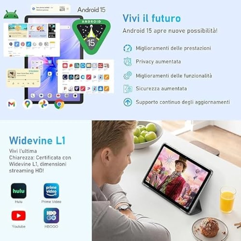 Blackview Tablet Android 15 Tab60 WiFi, 12 GB RAM + 128 GB ROM (2 TB TF), Octa Core WiFi 6, 1280 x 800 HD, 10 pollici PC Tablet,Widevine L1, 5100 mAh, Widevine L1/GMS/Face ID/8MP+5MP AI Camera