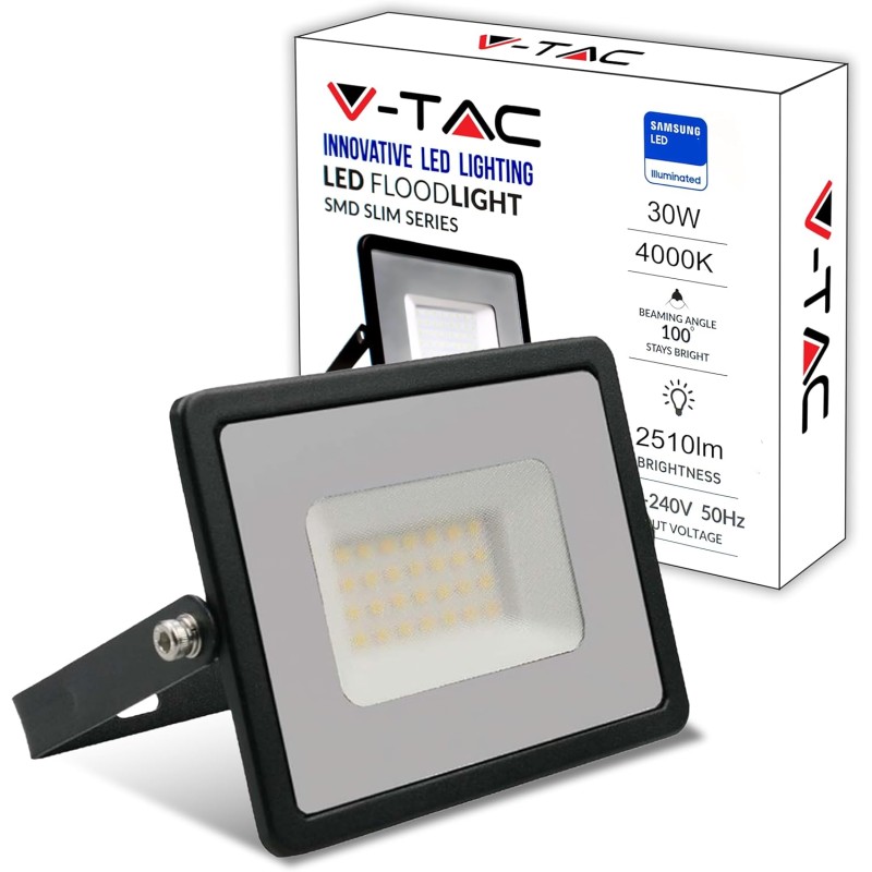 V-TAC Faro LED da Esterno 30W Nero - [Chip Samsung - Alte Perfomance, Bassi Consumi] - 2510 Lumen - IP65 - Proiettore Faretto LED Nero per Casa, Giardino, Garage - Impermeabile - Luce Naturale 4000K