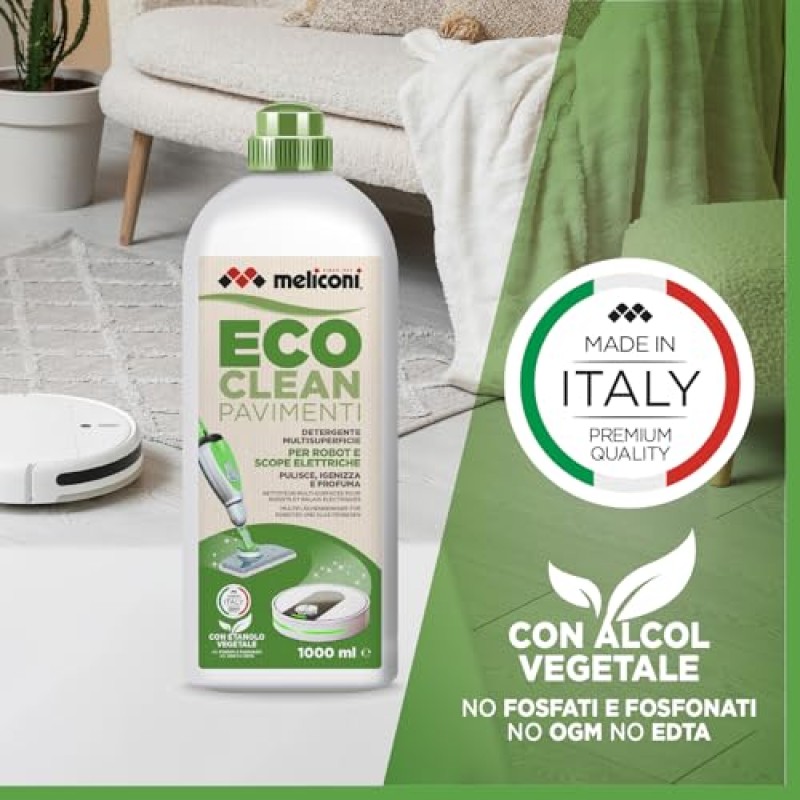 Meliconi Eco Clean Detergente Lavapavimenti per Scope Elettriche e Robot, Multisuperficie, 1L, Made in Italy