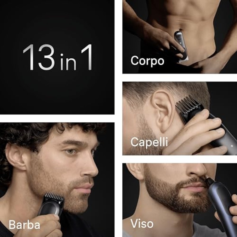 Braun Rifinitore All-In-One Series 7 AIO7565, Rasoio Elettrico Barba E Capelli 13In1 Con Lama ProBlade E Tecnologia AutoSense, 120 Min. Di Autonomia, Pettini Aree Sensibili E Sfumatura, Wet&Dry, Blu